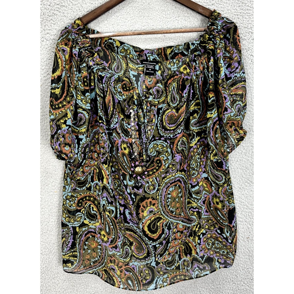 Vtg Y2K MODA International Paisley Print Top Womens‎ Medium Green Beaded Sequin